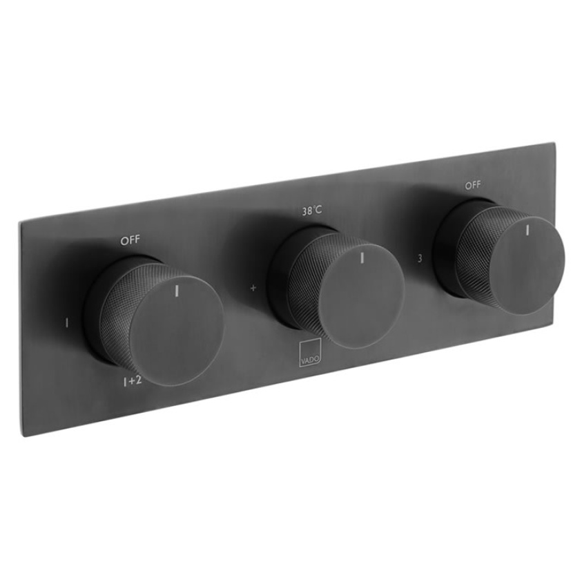 Cutout image of Vado Individual Knurled Accents Brushed Black Triple Outlet Shower Valve